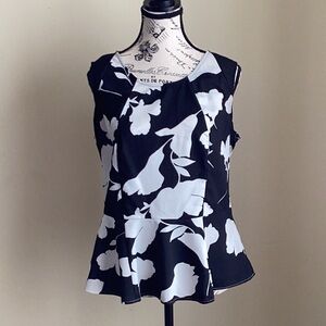 New York & Company Blue and White Asymmetrical Peplum Blouse